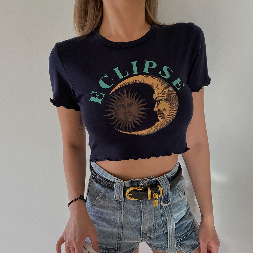 Retro ruffled sun and moon print short-sleeved T-shirt,short sleeve